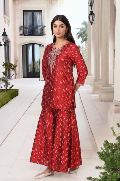 Red Embroidered Straight Art Silk Kurta with Sharara and Dupatta Set
