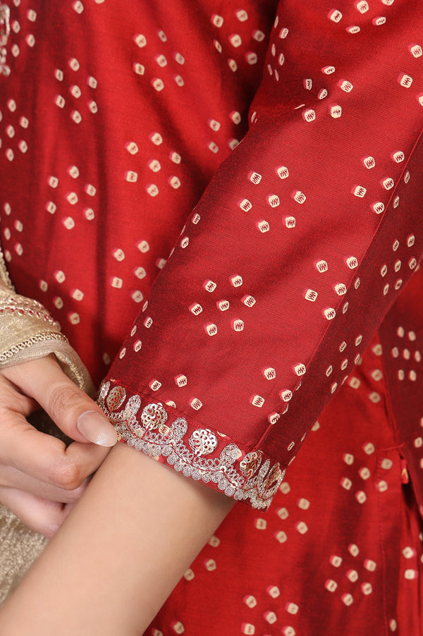 Red Embroidered Straight Art Silk Kurta with Sharara and Dupatta Set