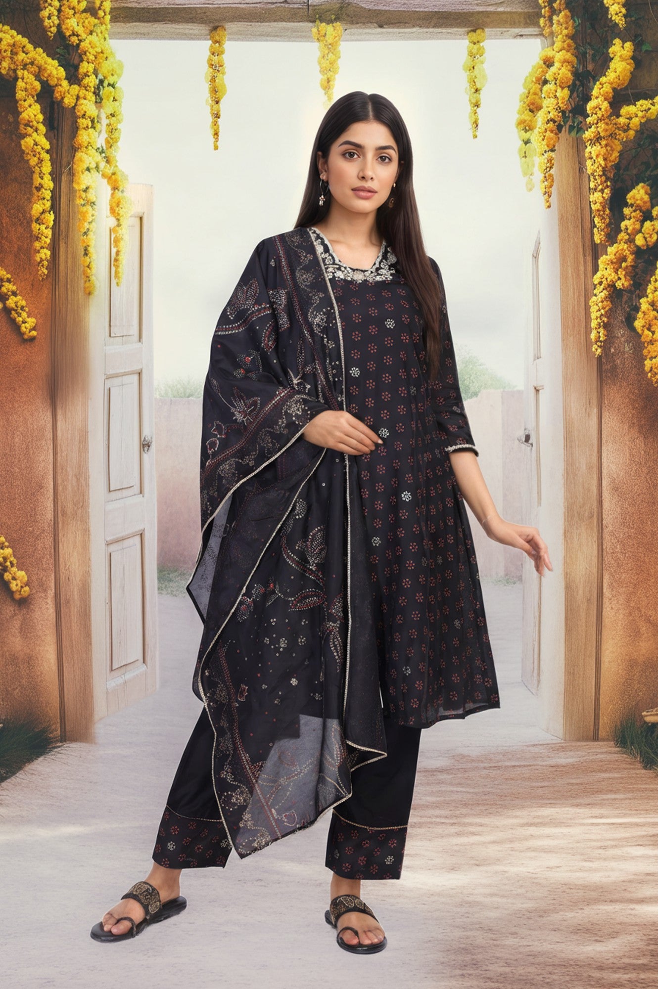 Black Embroidered A-Line Kurta with Straight Pant and Dupatta Set