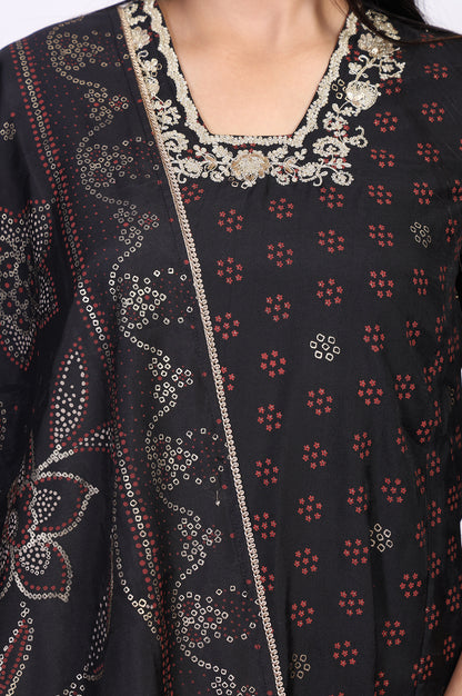 Black Embroidered A-Line Kurta with Straight Pant and Dupatta Set