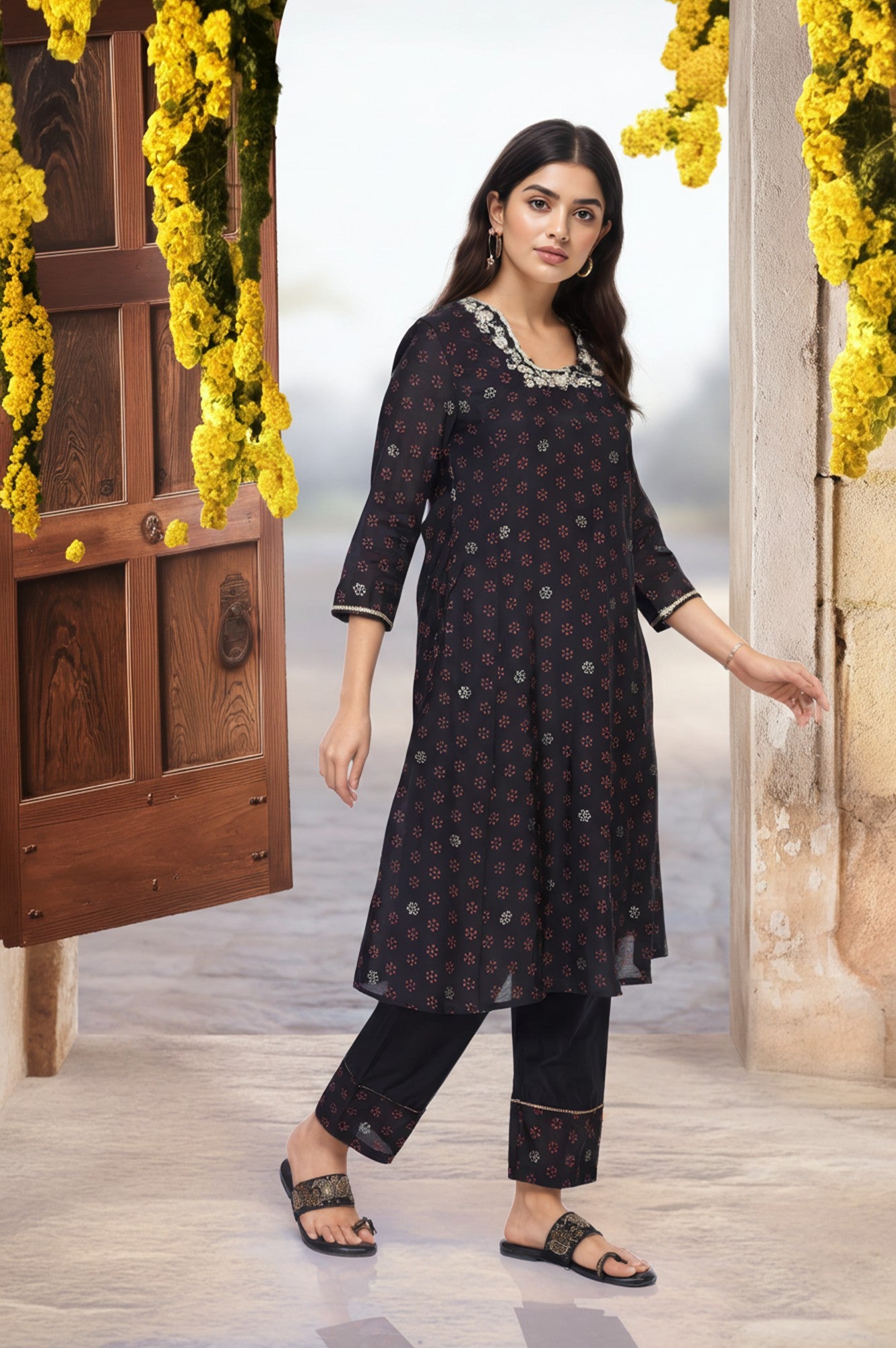 Black Embroidered A-Line Kurta with Straight Pant and Dupatta Set