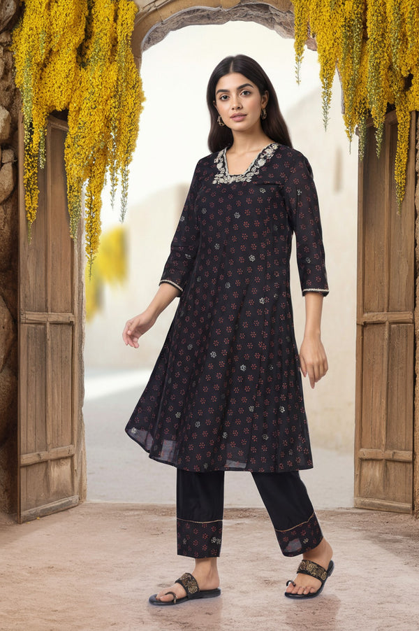 Black Embroidered A-Line Kurta with Straight Pant and Dupatta Set