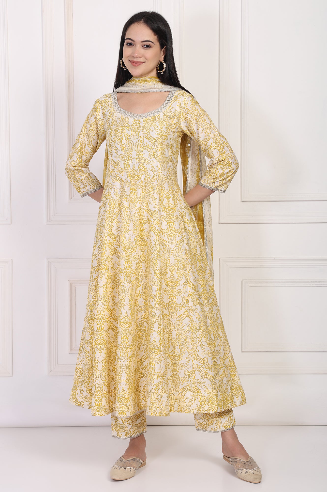 Yellow Paisley Printed Embellished Anarkali Kurta with Straight Pant and Dupatta Set