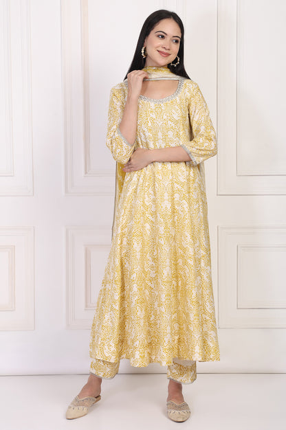 Yellow Paisley Printed Embellished Anarkali Kurta with Straight Pant and Dupatta Set