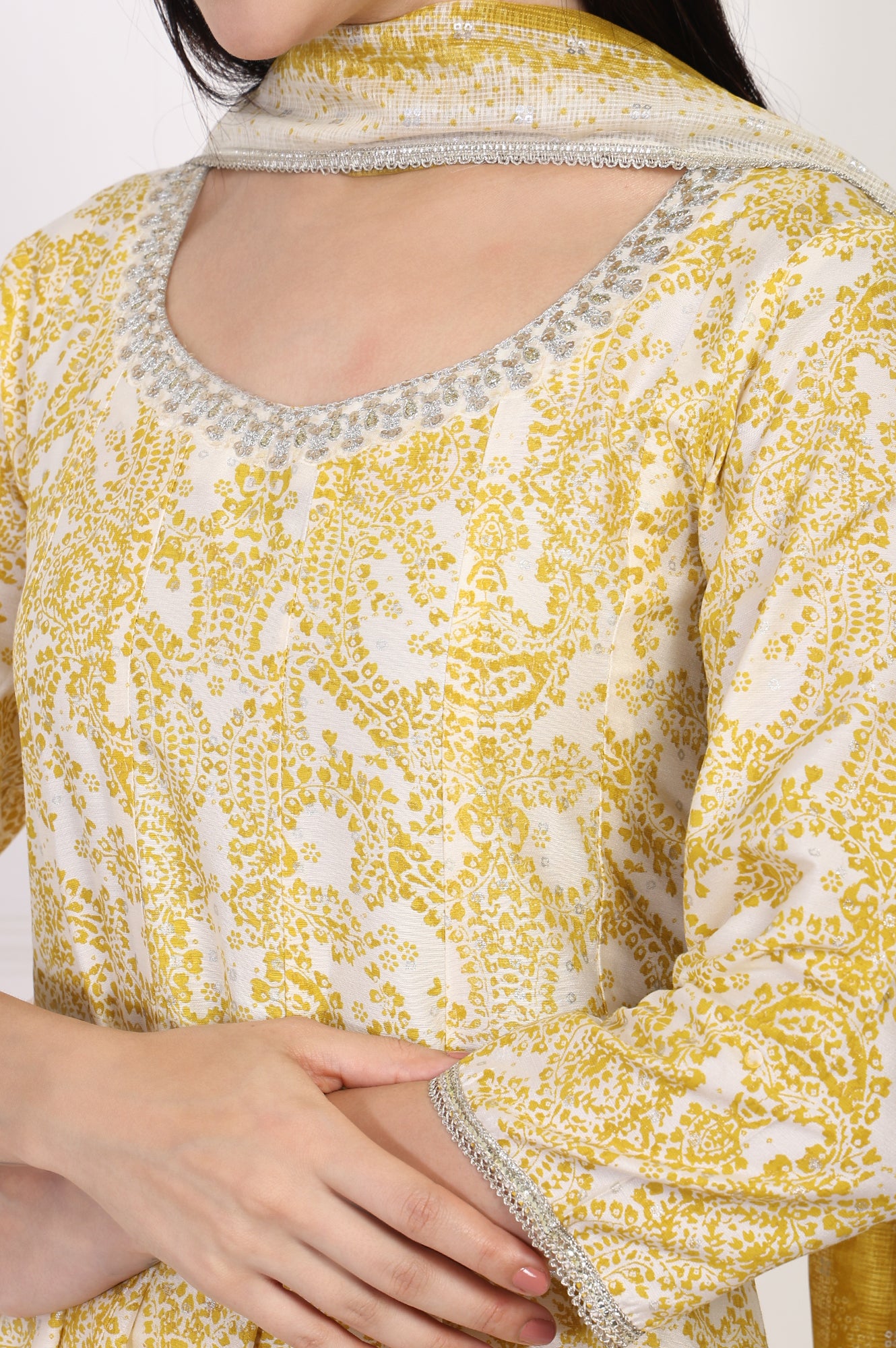 Yellow Paisley Printed Embellished Anarkali Kurta with Straight Pant and Dupatta Set