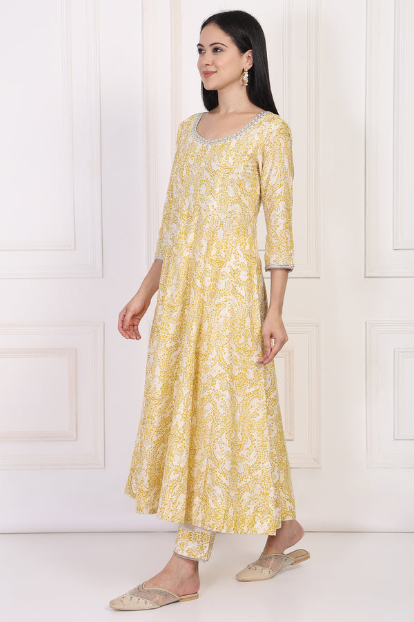 Yellow Paisley Printed Embellished Anarkali Kurta with Straight Pant and Dupatta Set