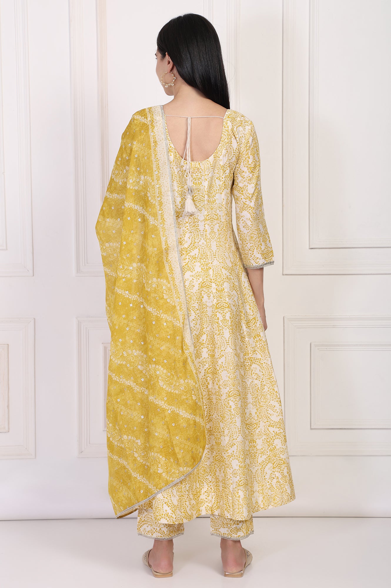 Yellow Paisley Printed Embellished Anarkali Kurta with Straight Pant and Dupatta Set