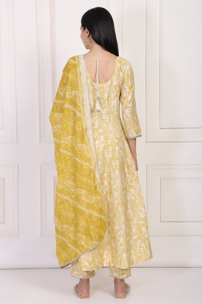Yellow Paisley Printed Embellished Anarkali Kurta with Straight Pant and Dupatta Set