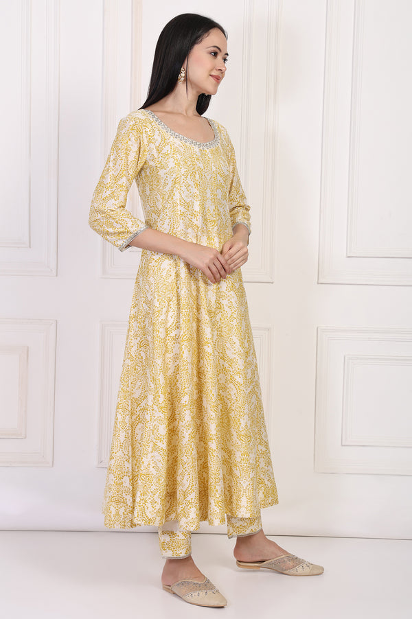 Yellow Paisley Printed Embellished Anarkali Kurta with Straight Pant and Dupatta Set