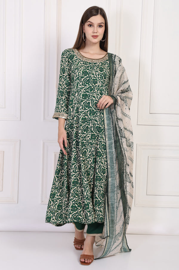 Green Ethnic Motifs Printed Embellished Anarkali Kurta with Straight Pant and Dupatta Set