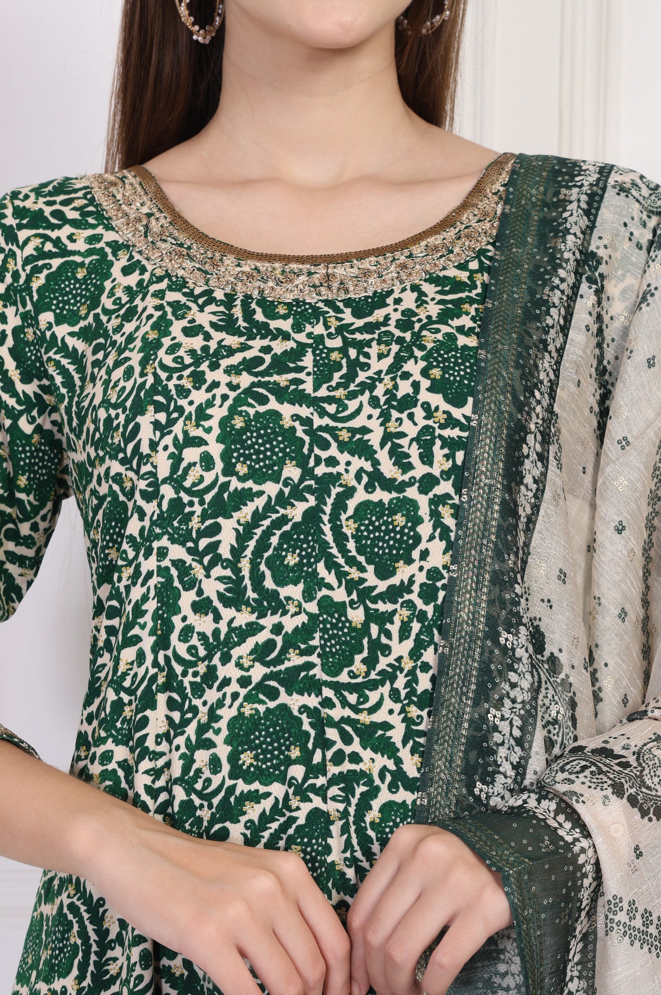 Green Ethnic Motifs Printed Embellished Anarkali Kurta with Straight Pant and Dupatta Set