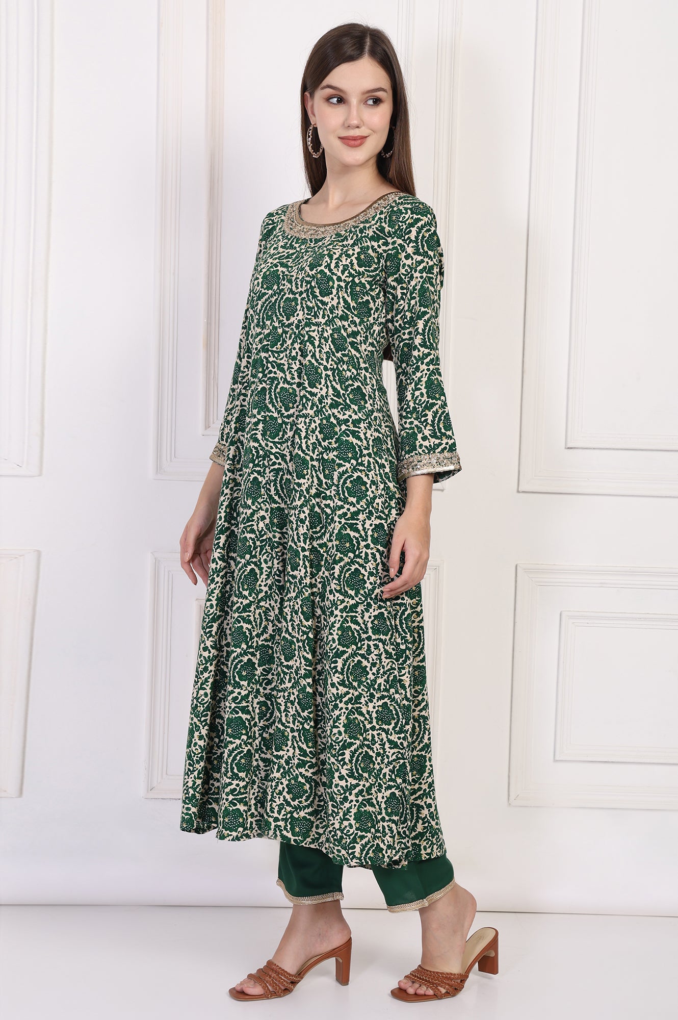 Green Ethnic Motifs Printed Embellished Anarkali Kurta with Straight Pant and Dupatta Set