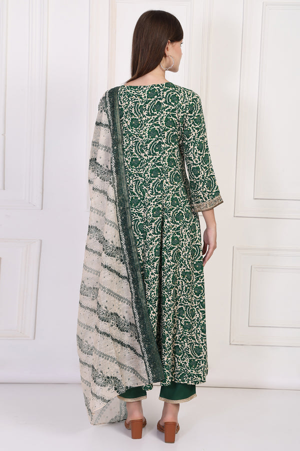 Green Ethnic Motifs Printed Embellished Anarkali Kurta with Straight Pant and Dupatta Set