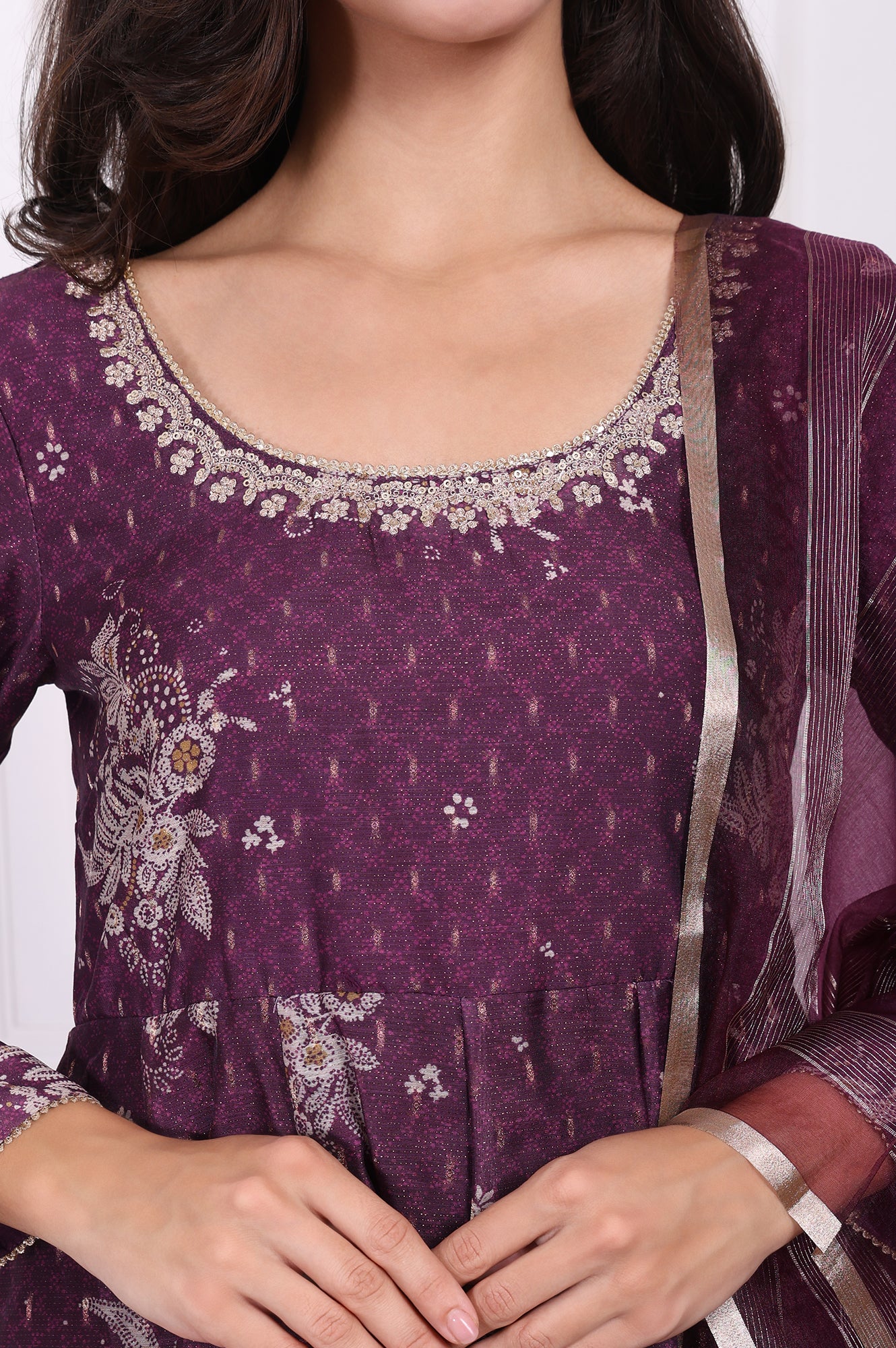 Purple Floral Printed Embroidered Anarkali Kurta with Dupatta Set