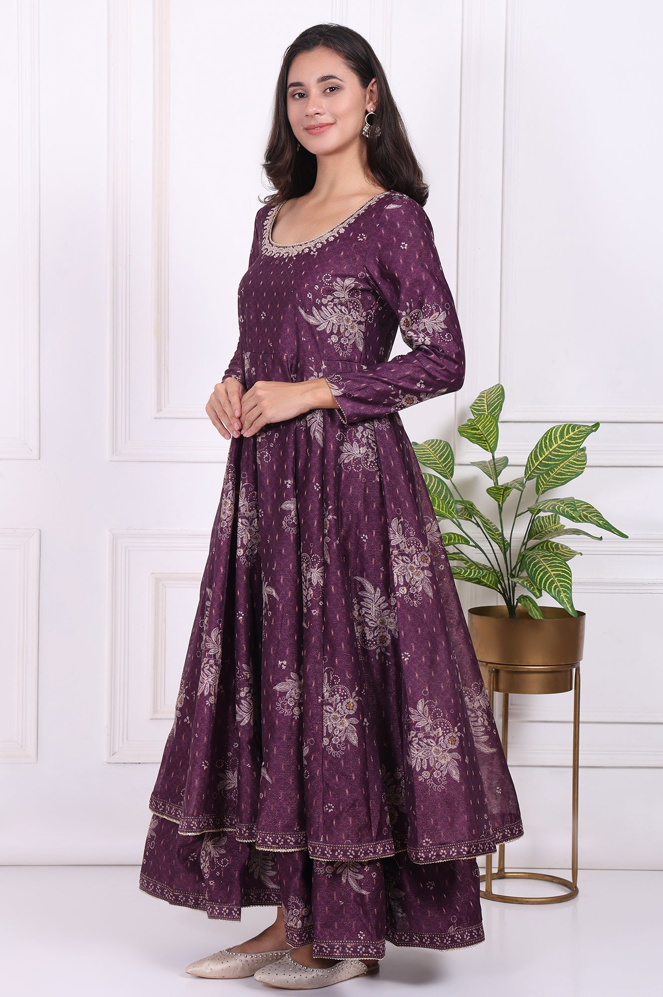 Purple Floral Printed Embroidered Anarkali Kurta with Dupatta Set