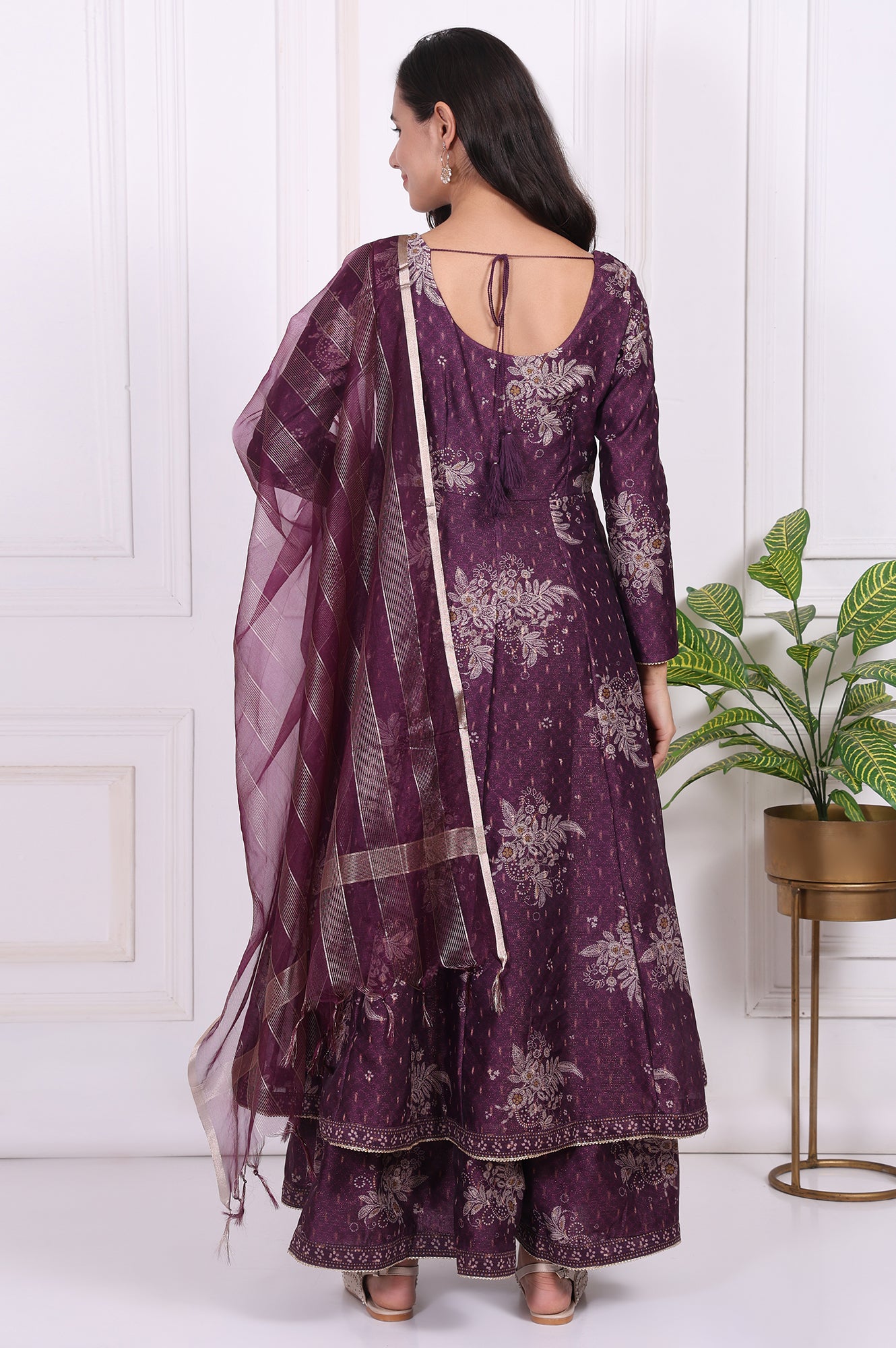 Purple Floral Printed Embroidered Anarkali Kurta with Dupatta Set