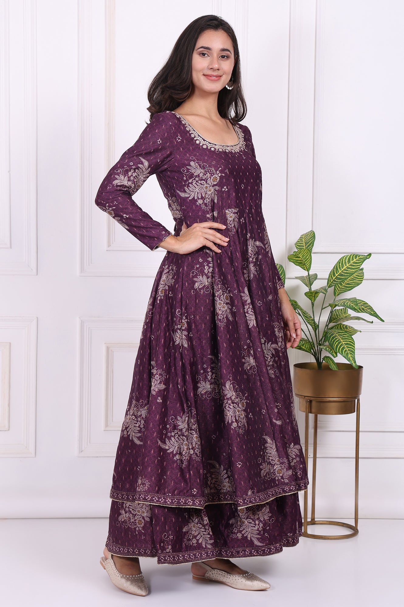 Purple Floral Printed Embroidered Anarkali Kurta with Dupatta Set