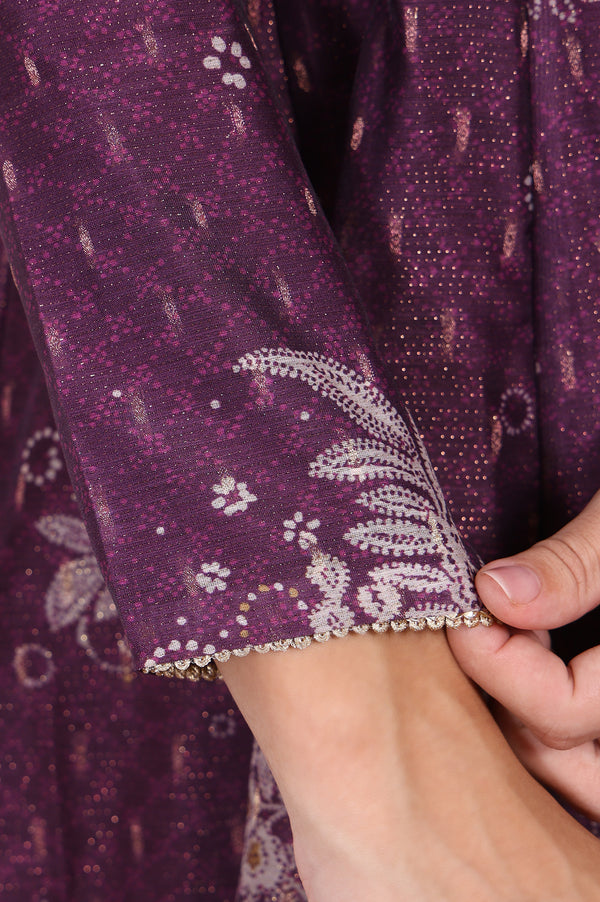 Purple Floral Printed Embroidered Anarkali Kurta with Dupatta Set