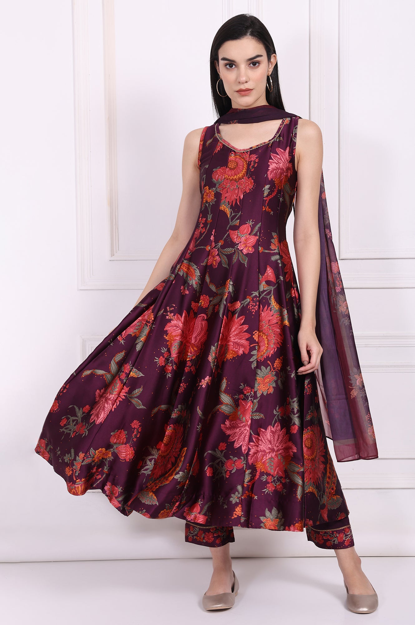 Purple Floral Printed Embellished Anarkali Satin Kurta with Straight Pant and Dupatta Set