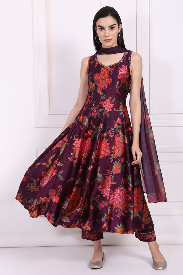 Purple Floral Printed Embellished Anarkali Satin Kurta with Straight Pant and Dupatta Set
