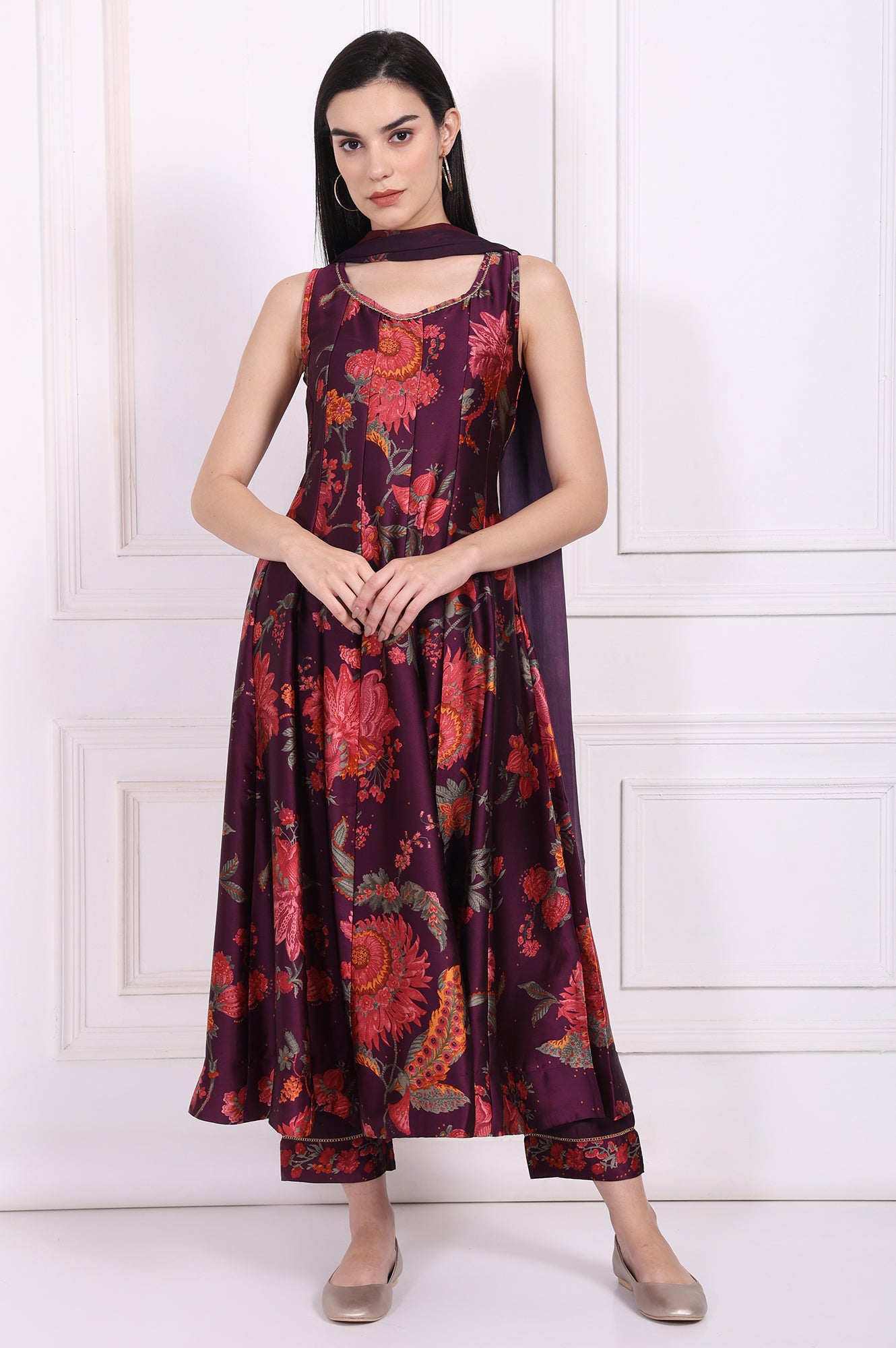 Purple Floral Printed Embellished Anarkali Satin Kurta with Straight Pant and Dupatta Set