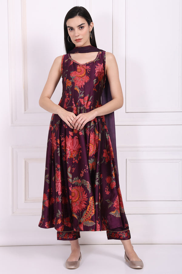 Purple Floral Printed Embellished Anarkali Satin Kurta with Straight Pant and Dupatta Set