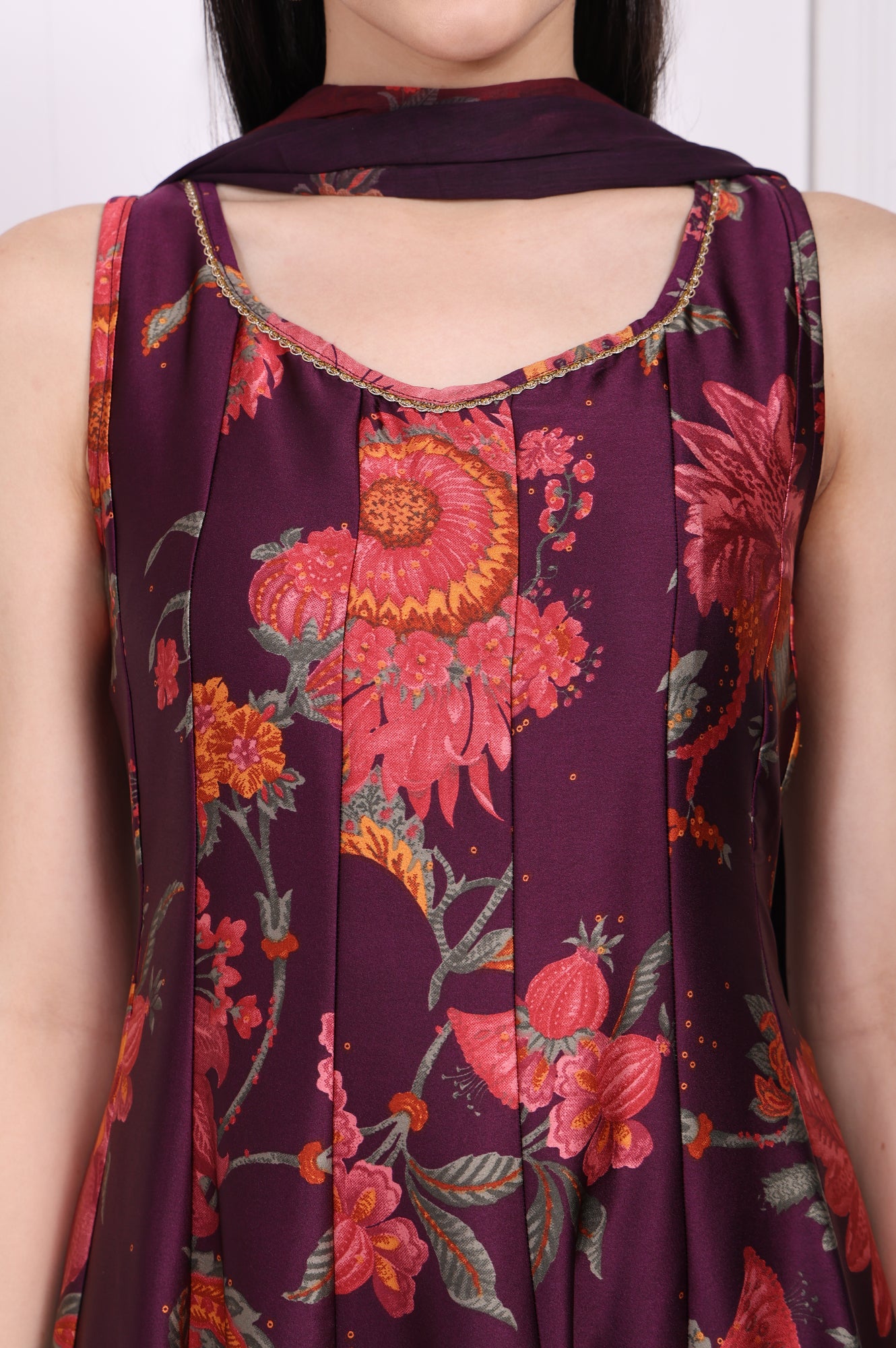 Purple Floral Printed Embellished Anarkali Satin Kurta with Straight Pant and Dupatta Set