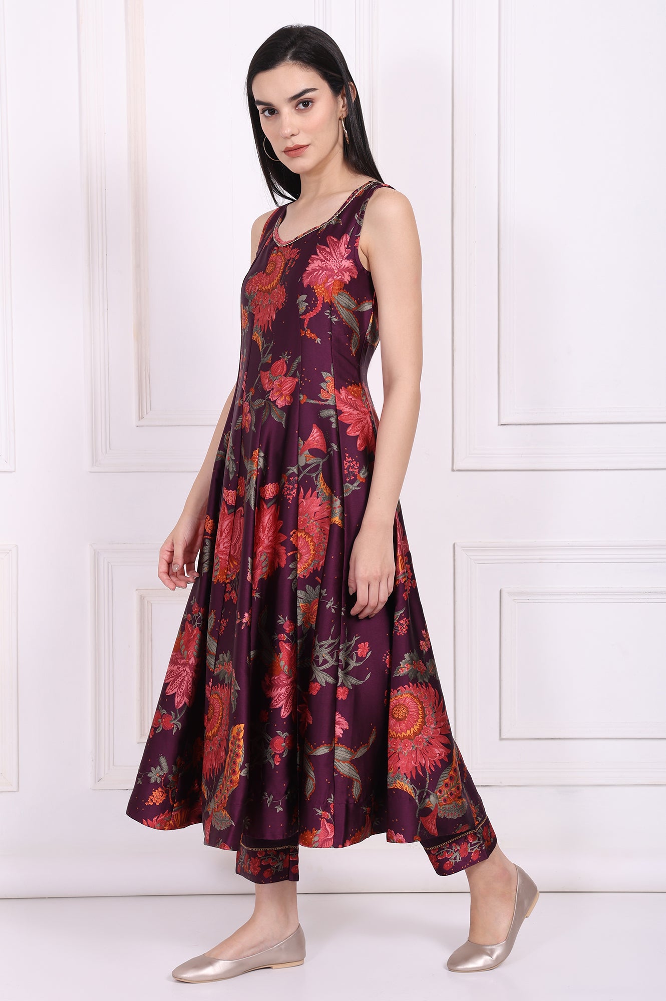 Purple Floral Printed Embellished Anarkali Satin Kurta with Straight Pant and Dupatta Set