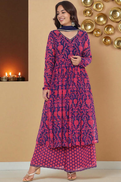 Pink Printed Georgette Flared Kurta, Flared Pant and Dupatta Set