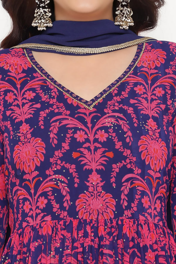 Pink Printed Georgette Flared Kurta, Flared Pant and Dupatta Set