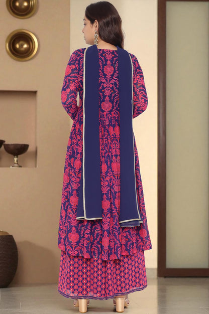 Pink Printed Georgette Flared Kurta, Flared Pant and Dupatta Set