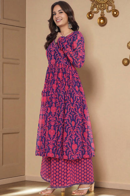 Pink Printed Georgette Flared Kurta, Flared Pant and Dupatta Set