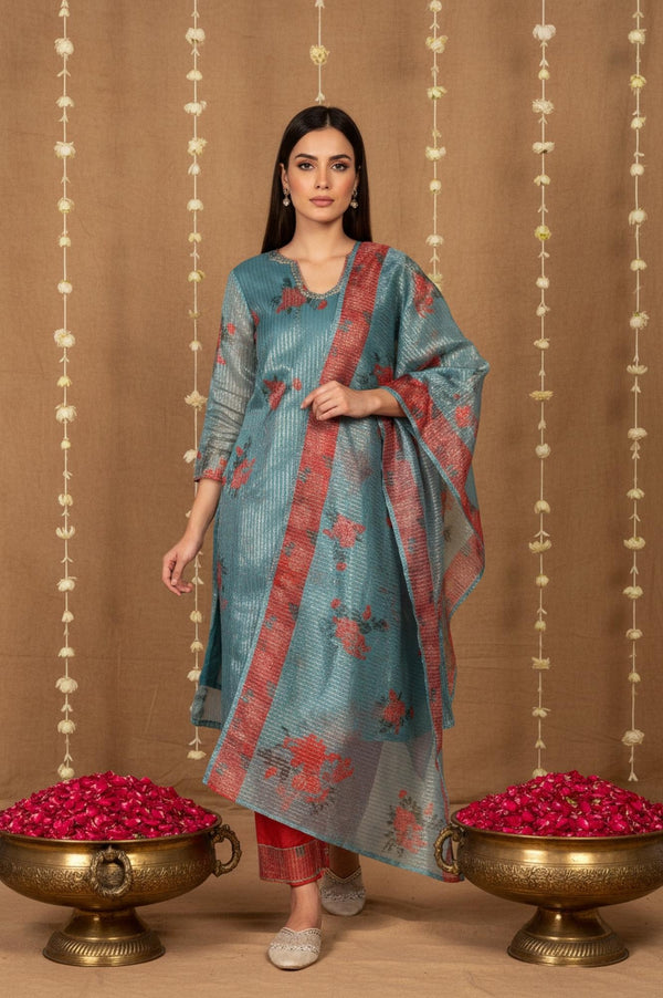 Teal Floral Printed Embroidered Neck Straight Lurex Kurta with Straight Pant and Dupatta Set