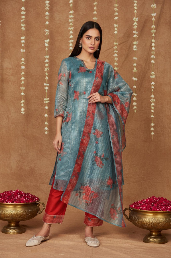 Teal Floral Printed Embroidered Neck Straight Lurex Kurta with Straight Pant and Dupatta Set