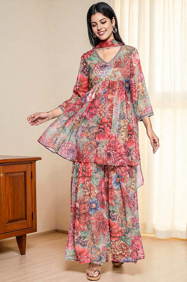 Multicolour Printed Silver Chiffon Flared Kurta, Sharara and Dupatta Set