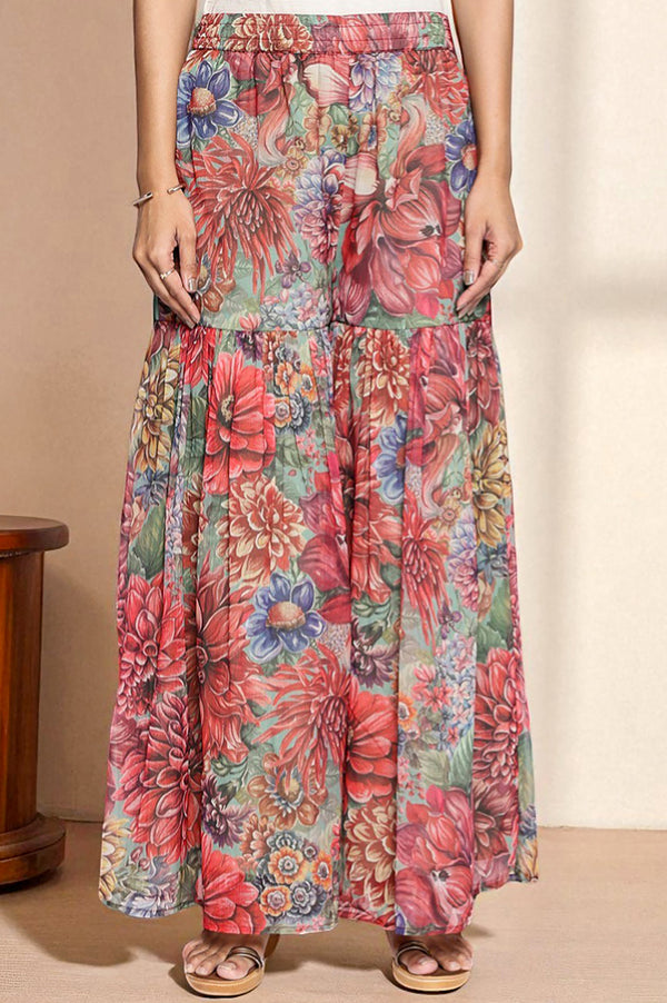 Multicolour Printed Silver Chiffon Flared Kurta, Sharara and Dupatta Set