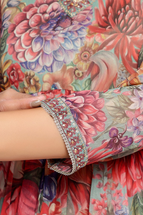 Multicolour Printed Silver Chiffon Flared Kurta, Sharara and Dupatta Set