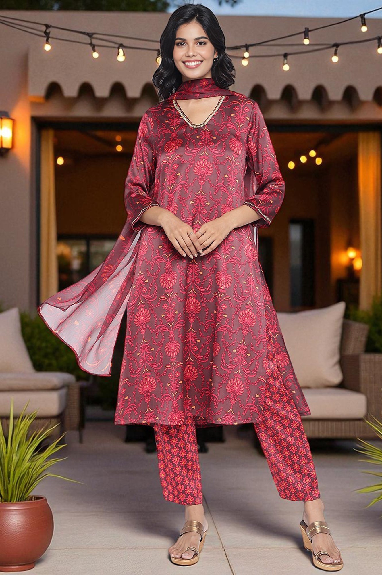 Chocolate Brown Printed Japanese Satin A-Line Kurta, Straight Pant and Dupatta Set