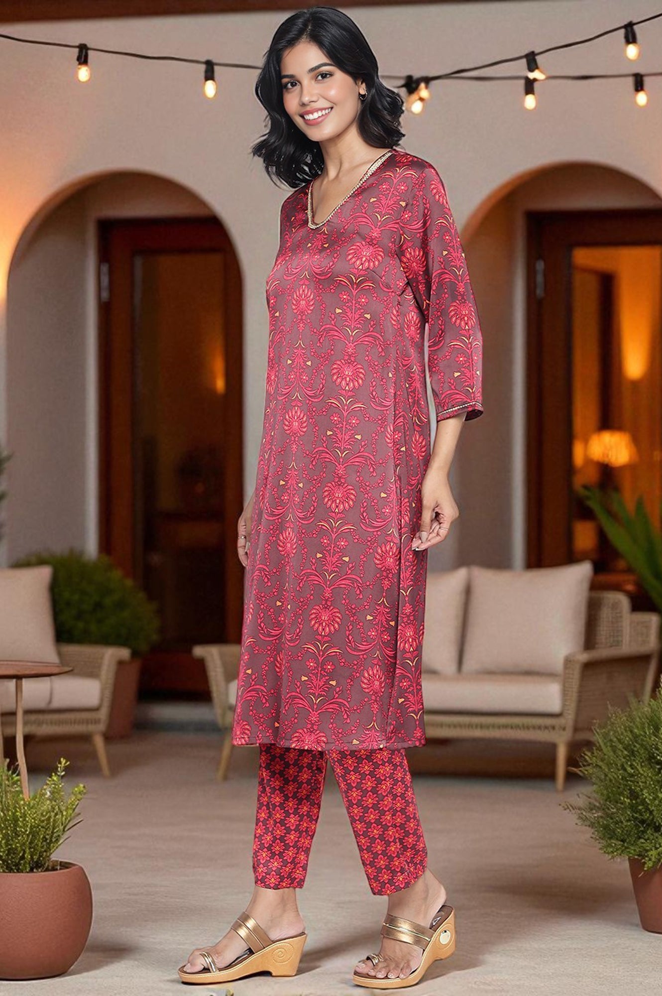 Chocolate Brown Printed Japanese Satin A-Line Kurta, Straight Pant and Dupatta Set