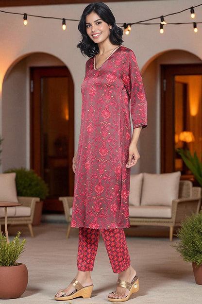 Chocolate Brown Printed Japanese Satin A-Line Kurta, Straight Pant and Dupatta Set