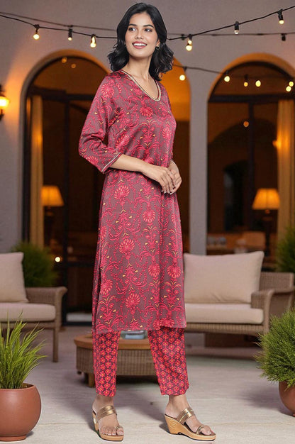 Chocolate Brown Printed Japanese Satin A-Line Kurta, Straight Pant and Dupatta Set