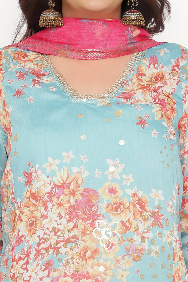 Blue Printed Chanderi Flared Kurta, Straight Pant and Dupatta Set