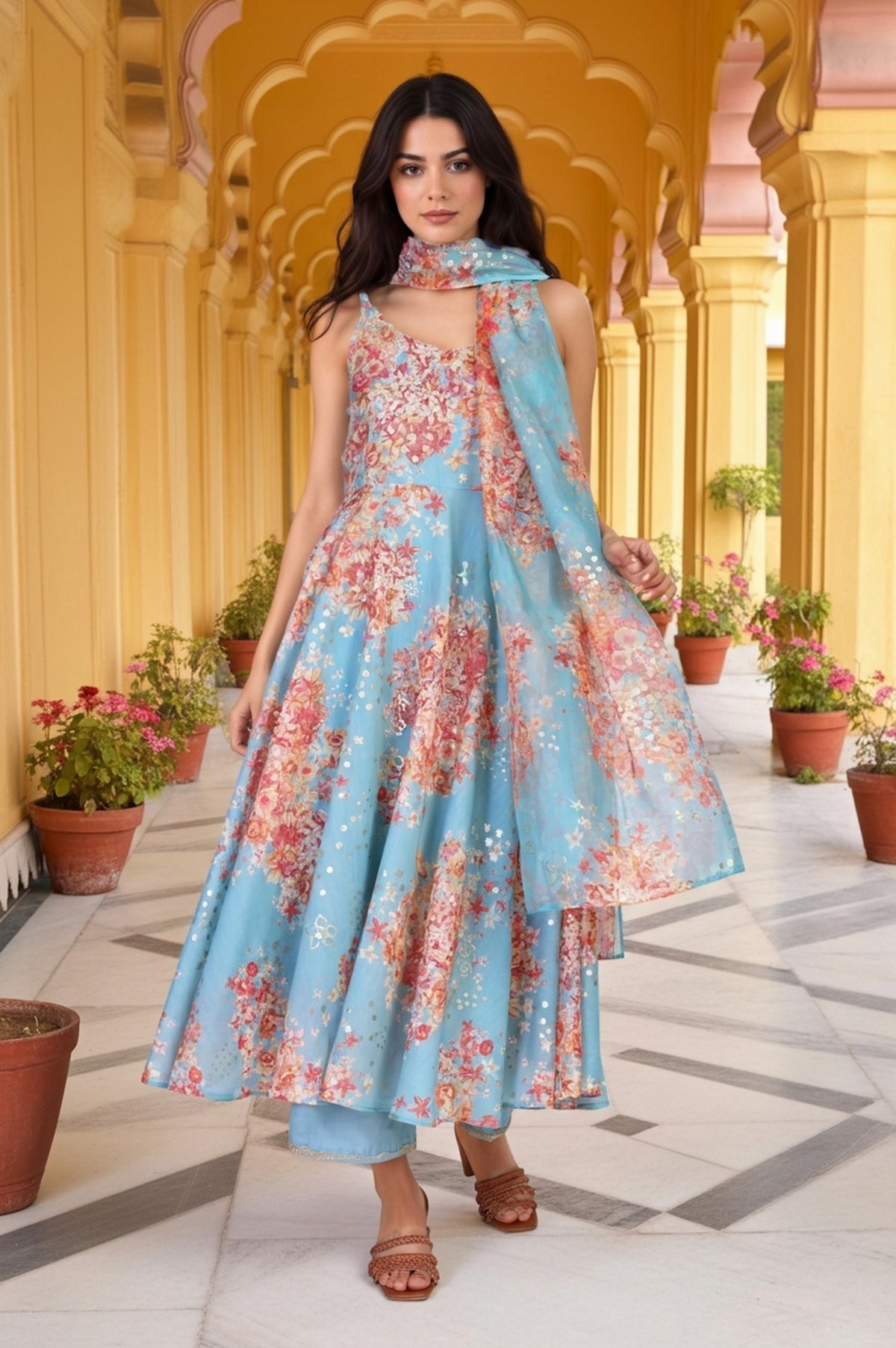 Turquoise Blue Floral Print Sequined Flared Chanderi Kurta with Pant and Dupatta Set - M