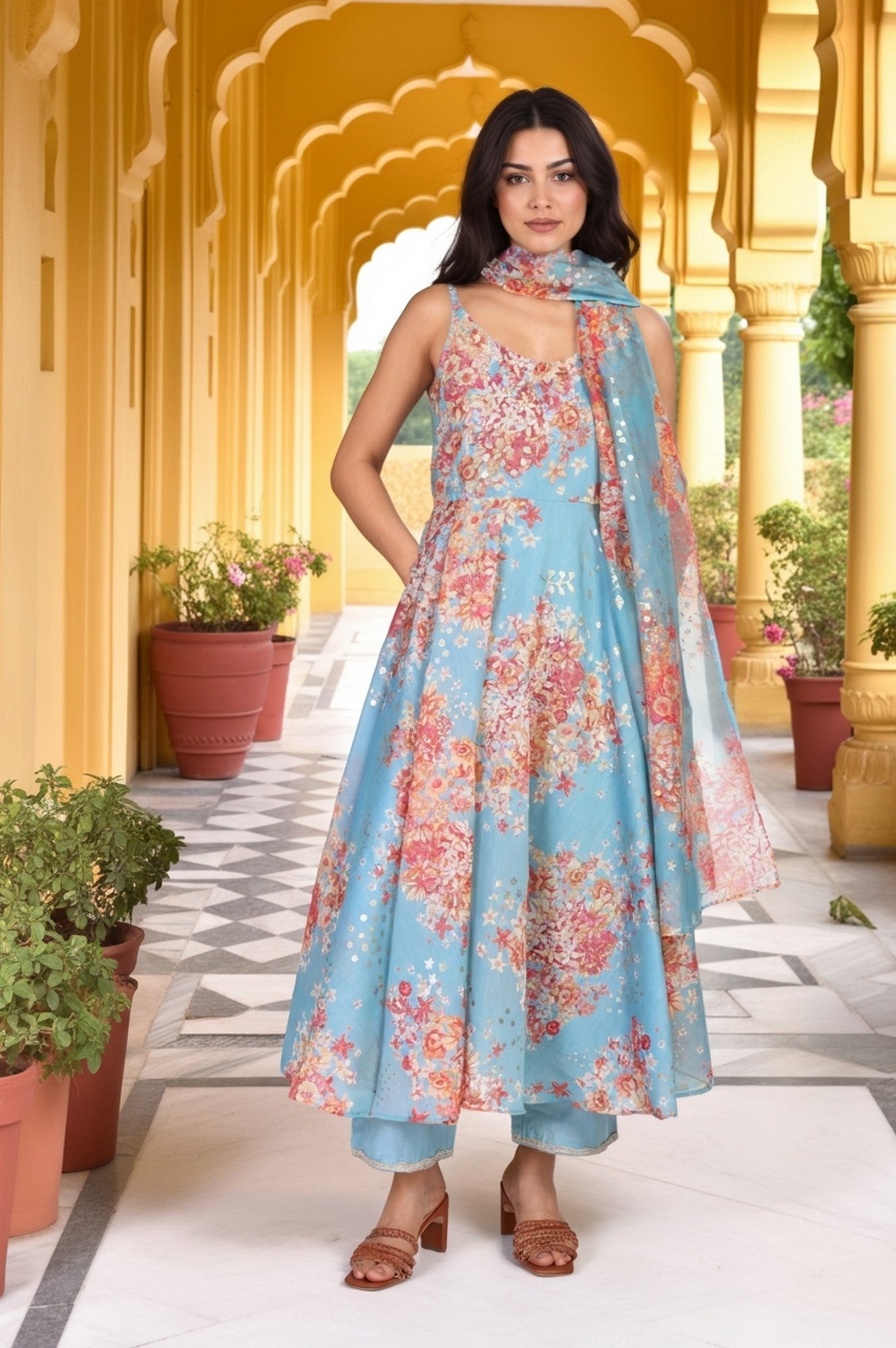 Turquoise Blue Floral Print Sequined Flared Chanderi Kurta with Pant and Dupatta Set