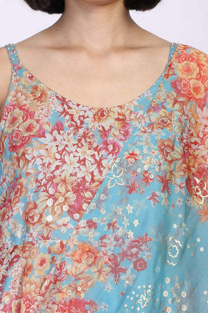 Turquoise Blue Floral Print Sequined Flared Chanderi Kurta with Pant and Dupatta Set