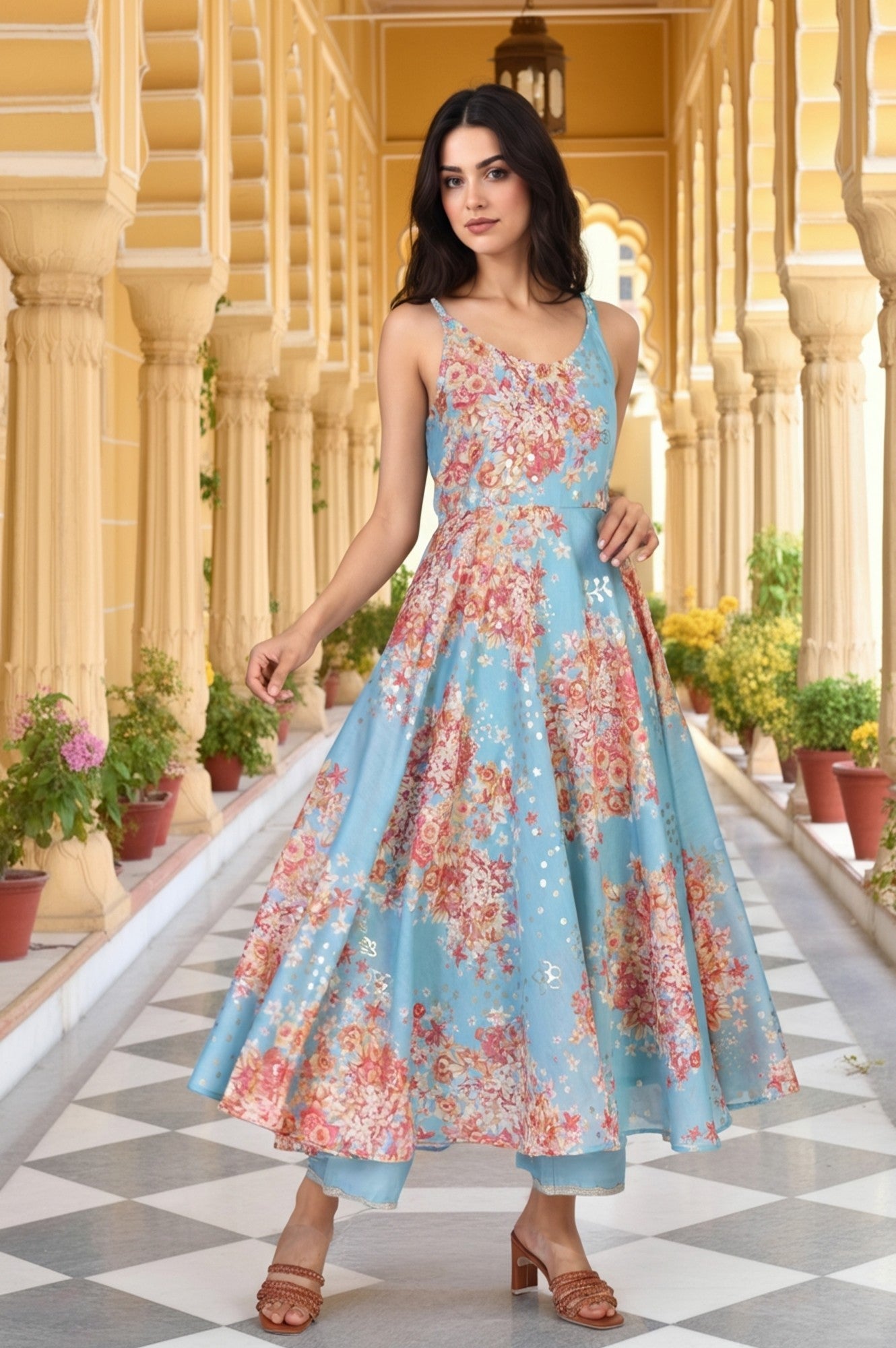 Turquoise Blue Floral Print Sequined Flared Chanderi Kurta with Pant and Dupatta Set