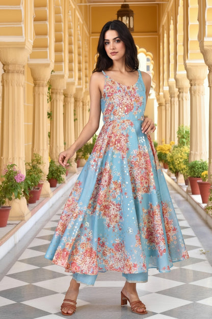 Turquoise Blue Floral Print Sequined Flared Chanderi Kurta with Pant and Dupatta Set