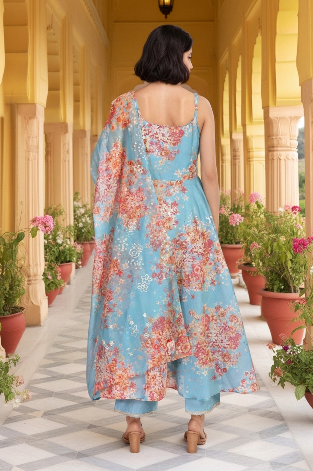 Turquoise Blue Floral Print Sequined Flared Chanderi Kurta with Pant and Dupatta Set