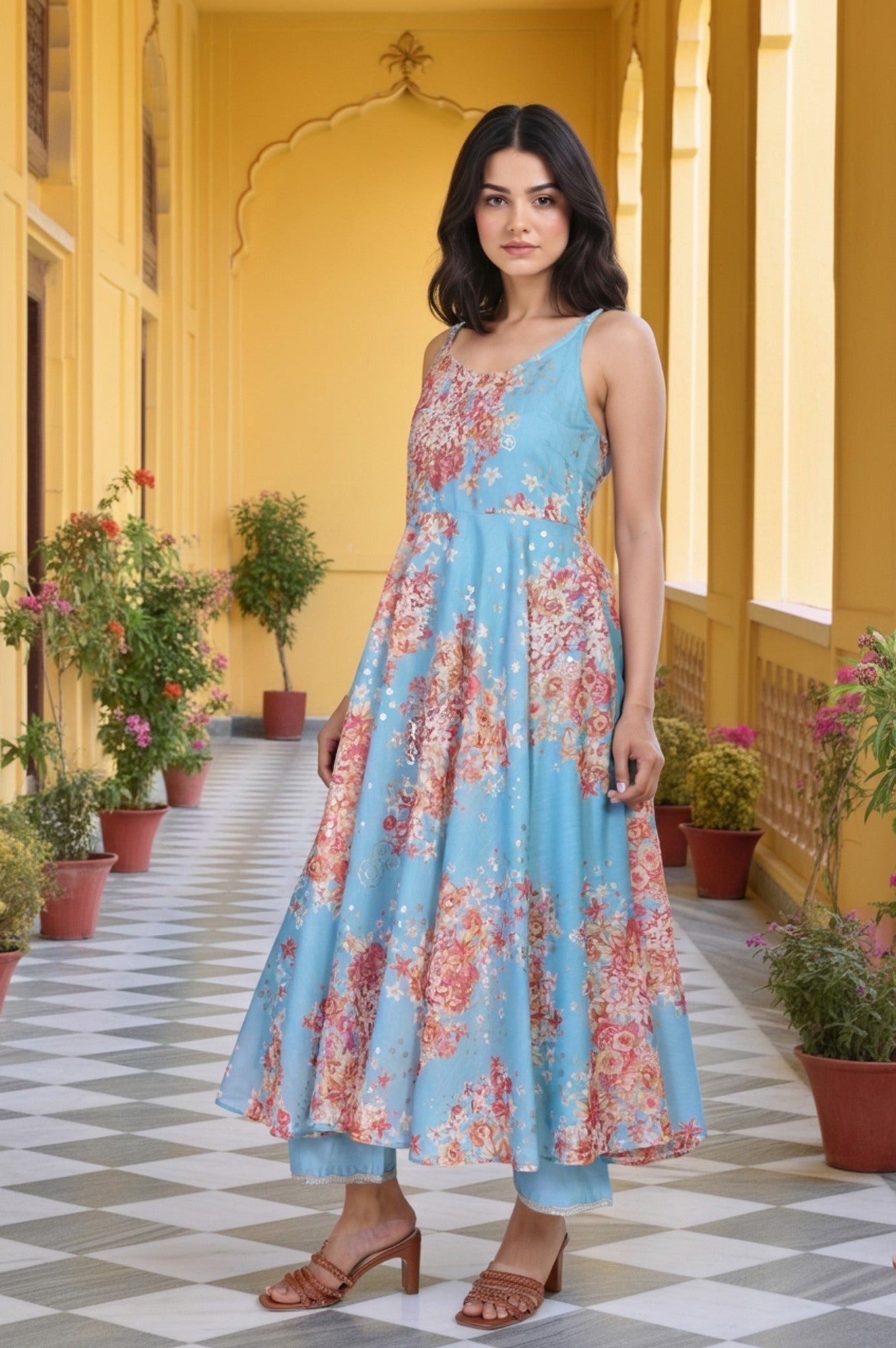 Turquoise Blue Floral Print Sequined Flared Chanderi Kurta with Pant and Dupatta Set