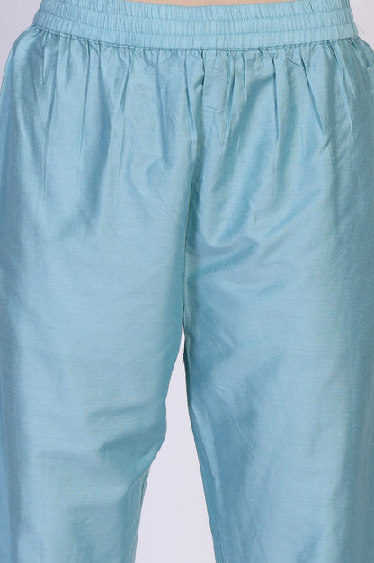 Turquoise Blue Floral Print Sequined Flared Chanderi Kurta with Pant and Dupatta Set